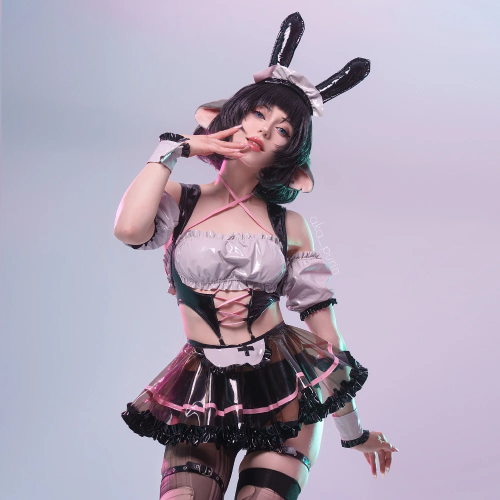 KORURACLUB PU BUNNY MAID COSPLAY COSTUME – CUTE ANIME MAID LINGERIE SET WITH BUNNY EARS (7-PIECE SET) - Image 3