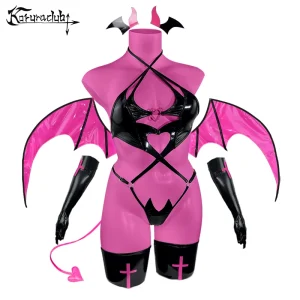 Halloween Vampire Bodysuits Bat wings little devil cosplay costume plus size women lingerie heart buckle cross stockings