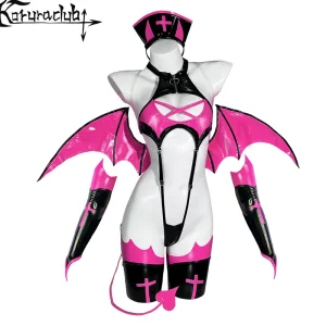 KORURACLUB Cosplay Love Heart Succubus Lingerie PU Leather One Piece Bodysuit For Women (6-PIECE SET)