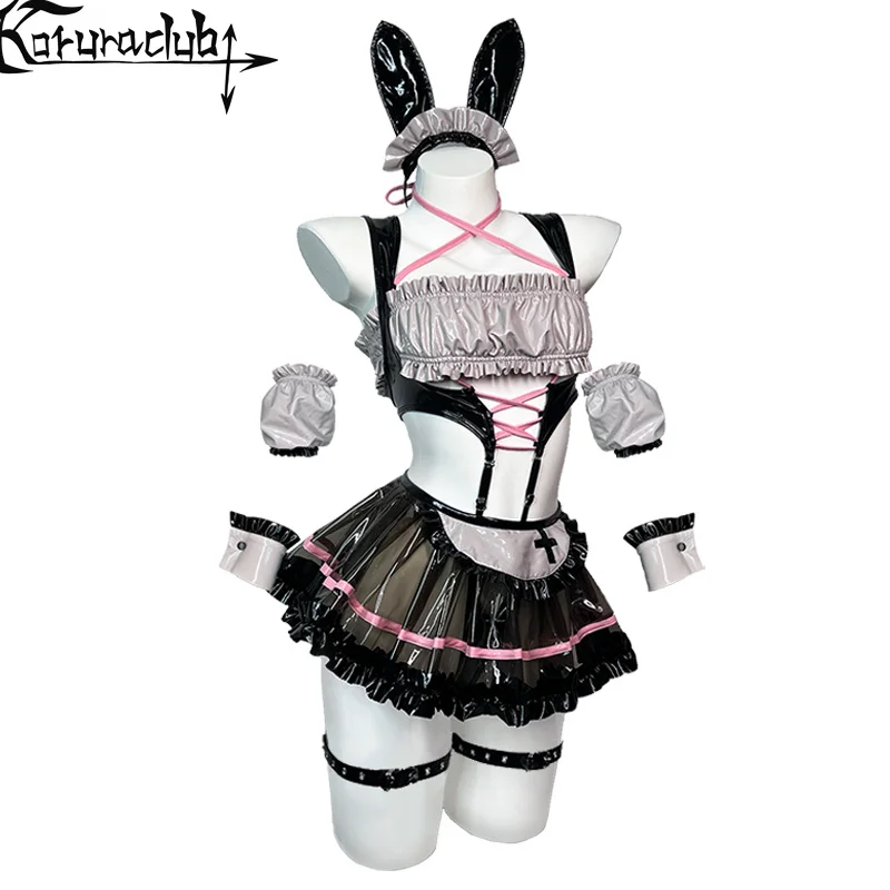 KORURACLUB PU BUNNY MAID COSPLAY COSTUME – CUTE ANIME MAID LINGERIE SET WITH BUNNY EARS (7-PIECE SET)