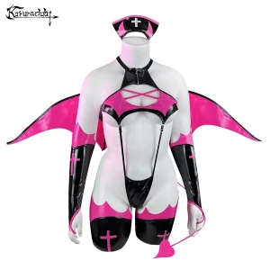 Halloween Devil nurse Cosplay costumes sexy lingerie Plus size poly urethane Rose red heart Underwear bat wings